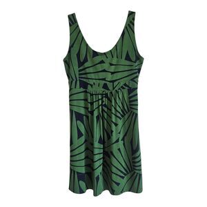 BANANA REPUBLIC Women's L Dress Tropical Leaves Navy Green Sleeveless Stretch